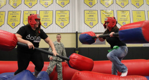 Photo Courtesy of Leah Brinser It was a fight to the finish between seniors Hannah Brinser and Tristan Dugan during Saturday night’s Trenton High School Senior Celebration. The two girls took part in the National Guard “jousting” competition, which was one of several events held during the evening. The event,  organized by parents of senior class members, included several activities as well as the give-away of several items donated by local businesses, organizations and individuals.