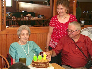 Neva Chenoweth of Trenton, left, celebrated her 100th birthday anniversary on Sunday, Aug. 24, 2014 at the Royal Inn Pizza. Pictured with her are her children, Bob Chenoweth and June Kahn.