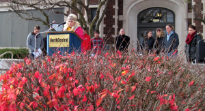 Tahler Hostetter of Milan, whose husband Pvt. Jonathon Michael Dean Hostetter was killed while serving in Afghanistan in August 2013, was among North Central Missouri College students taking part in the Veterans Day program on Tuesday afternoon in front of Geyer Hall. NCMC President Dr. Neil Nuttall also spoke at the event, which included the reading the names of Missouri soliders who have given their lives in service to their country as well as a moment of silence.