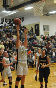 R-T Photo/Seth Herrold Ally Ockenfels puts in an easy two during the Lady Bulldogs’ 38-29 win over Plattsburg on Monday night. Ockenfels scored just the two points, but pulled down five rebounds for the Lady Bulldogs