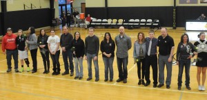 R-T Photo/Diane Lowrey Trenton senior basketball players, managers and cheerleaders were all honored prior to the doubleheader with Cameron Tuesday night in Trenton. 