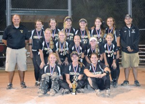 R-T Photo/Christy Tolson The Trenton Lady Bulldogs took first place in the NCMC Nan Carter Classic on Saturday in Trenton. Members of the team included, from left, front row, Lexie Tolson, Daryian Otto, Ally Ockenfels; middle row, Katerina Black, Tenna Roberts, Jayden Roeder, Ainsley Tolson, Mykah Hurley; back row, Head Coach John Cowling, Shayla Woodside, Whitley Richman, Mason Hooyman, Jaylen Neff, Taylor Richman, Salem Croy and Assistant Coach Daniel Gott.  
